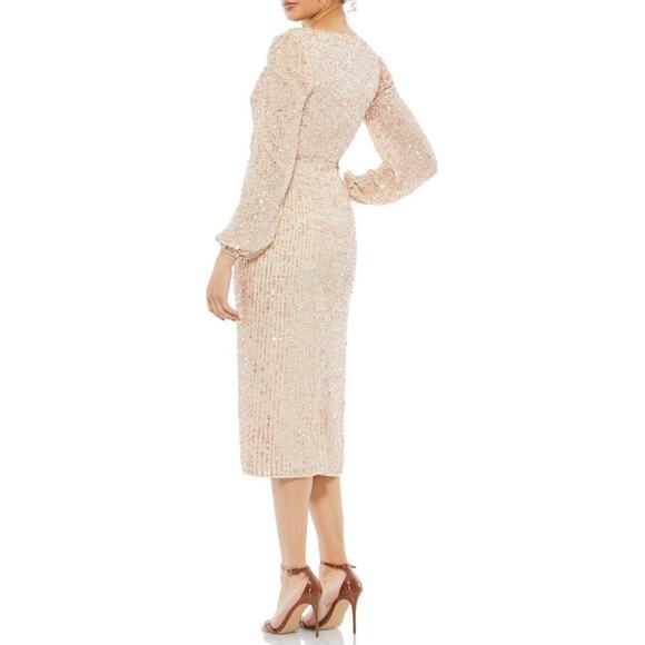 Mac Duggal Nude Sequin Long Sleeve Cocktail Midi Dress 6 - Picture 2 of 12
